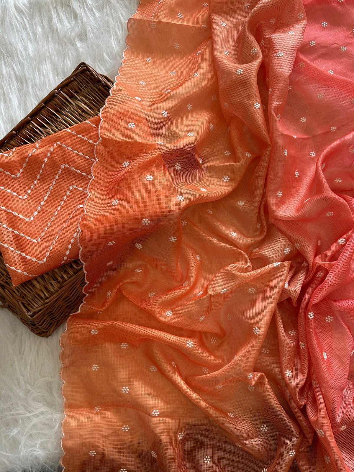 Beautiful kota doria saree with white buti weaving and scalloped border