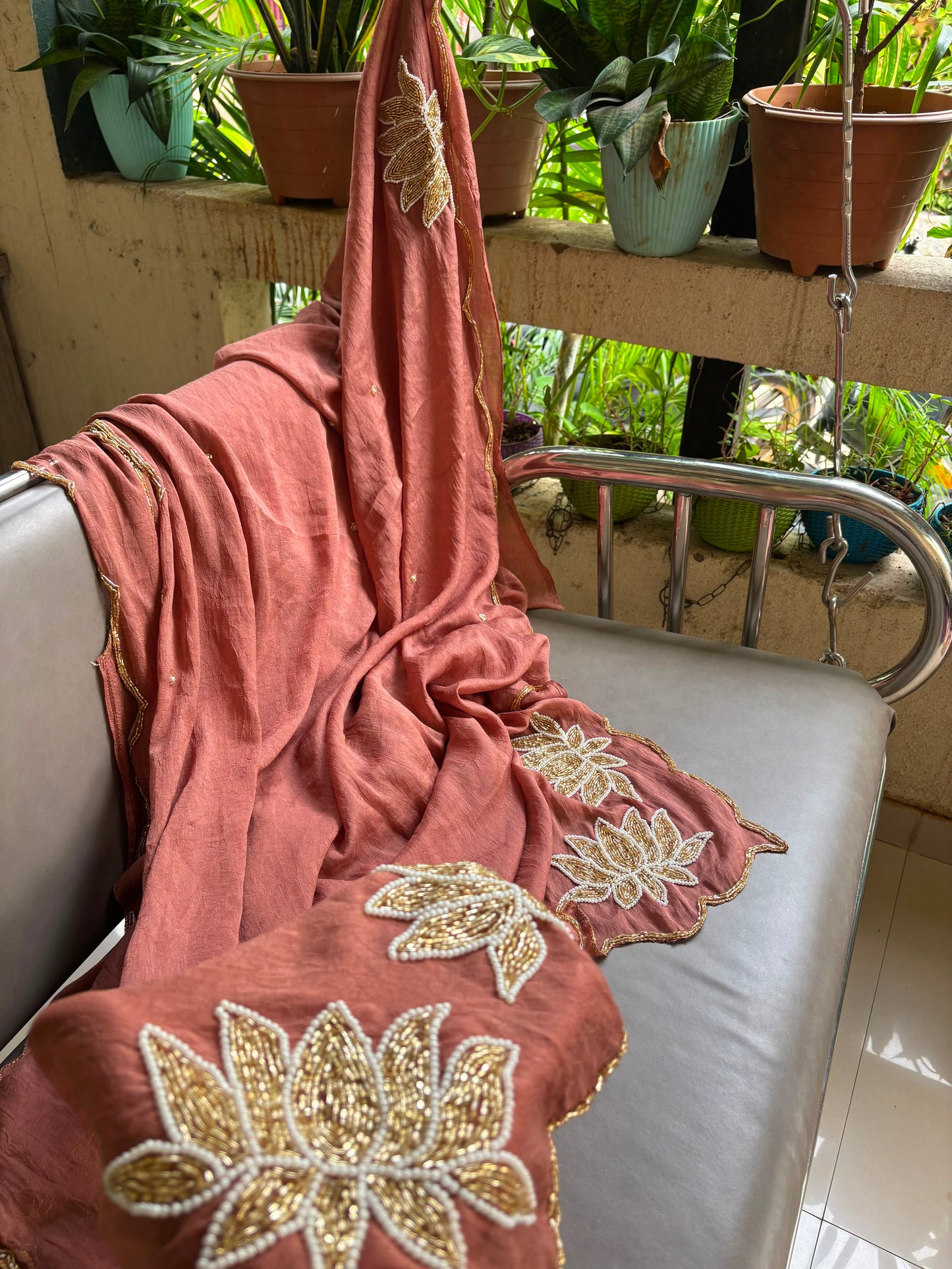 Soft crush rangoli saree with beautiful lotus handwork on pallu