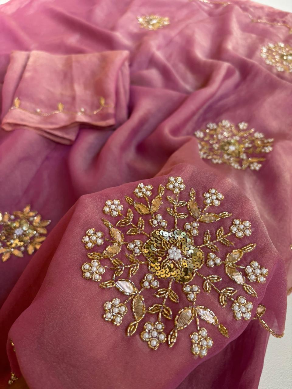 Beautiful soft two tone tissue silk saree with gotta, pearl and sequins work