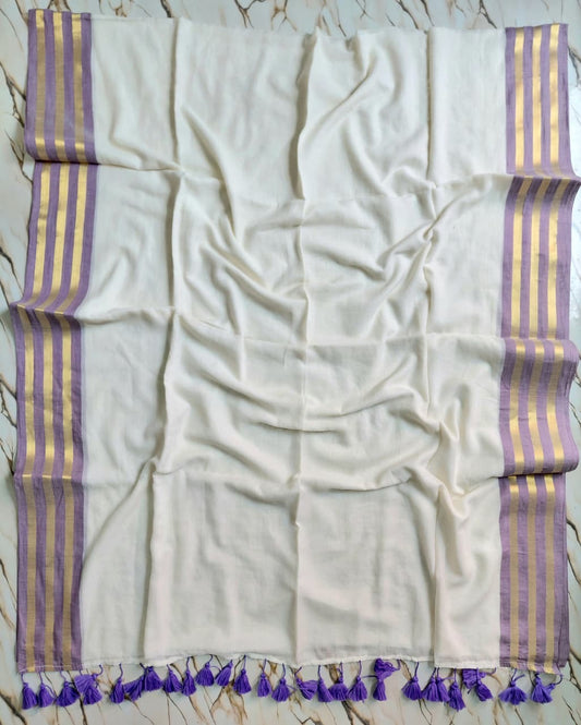 Pure authentic mul cotton saree with lavender border