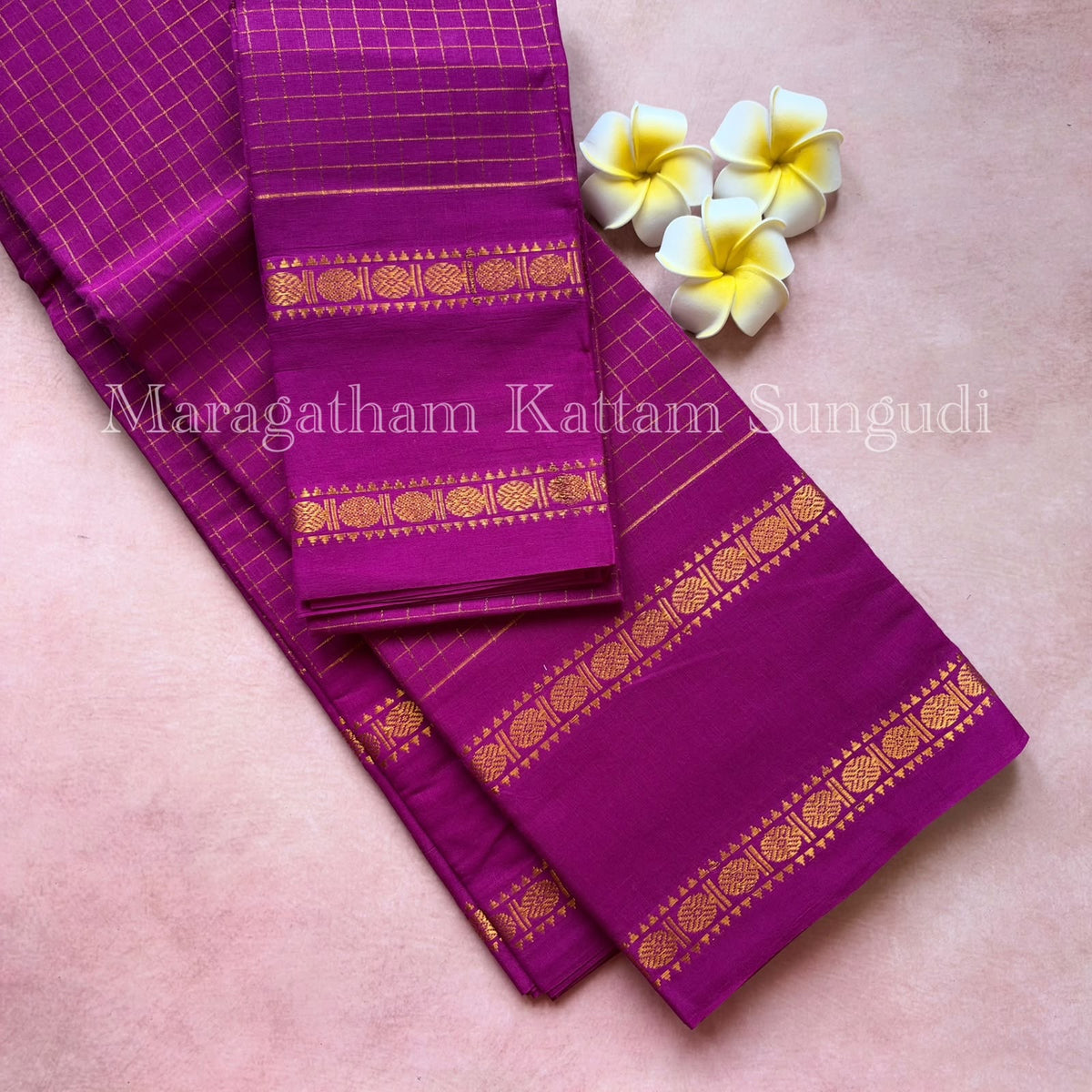 Premium pure sungudi cotton saree with checks and double rudraksham border