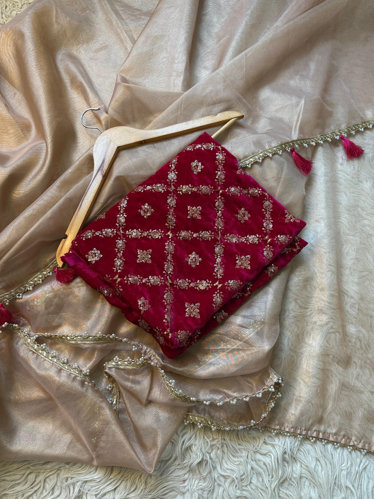 Semi Banarasi tissue silk saree with velvet designer blouse