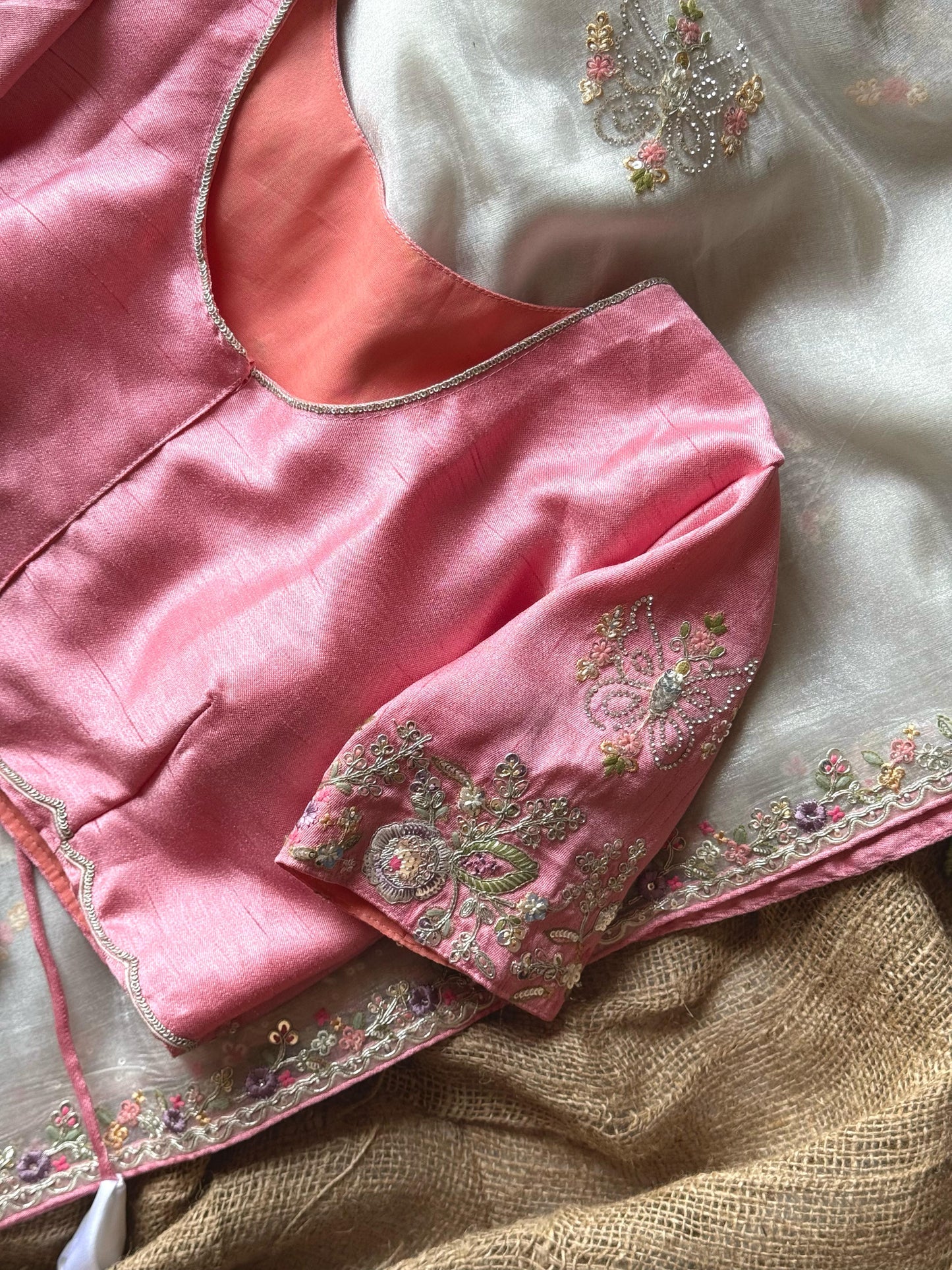 Premium organza with beautiful embroidery- White/Pink