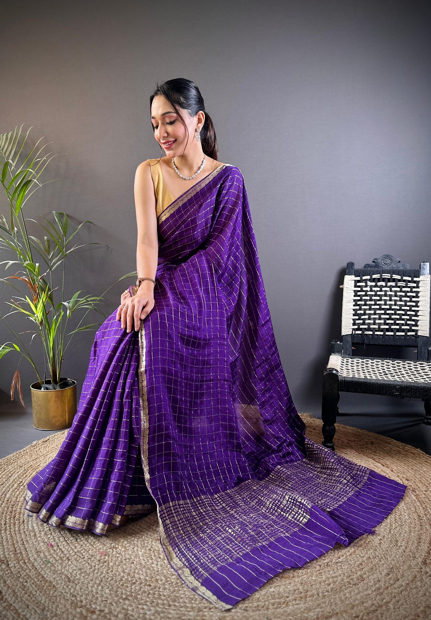 Soft Viscous chinon silk checks saree