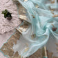 Beautiful semi organza saree with gold zari pitta work border and scalloped edges