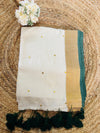 Pure and authentic mul cotton saree with beautiful sequins weaved and green zari border