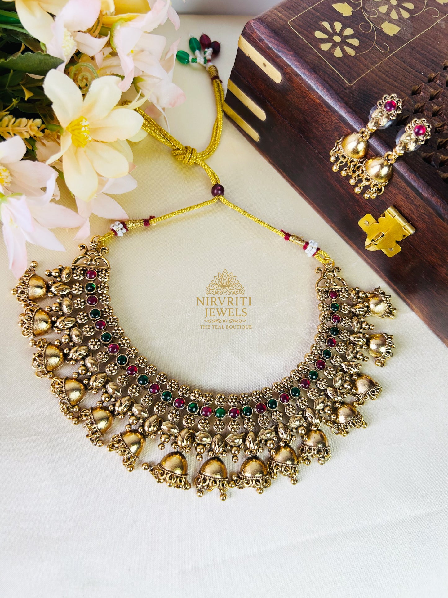 Beautiful mini jhumka necklace- red green stones