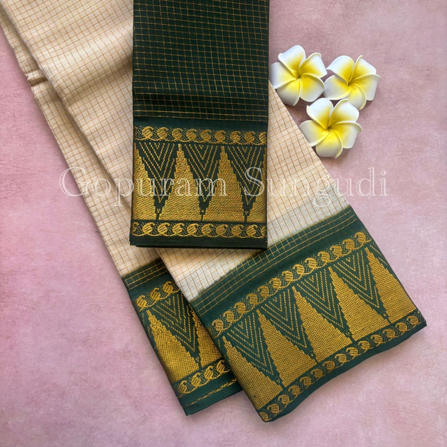 Pure sungudi cotton saree with mini checks and gopuram border