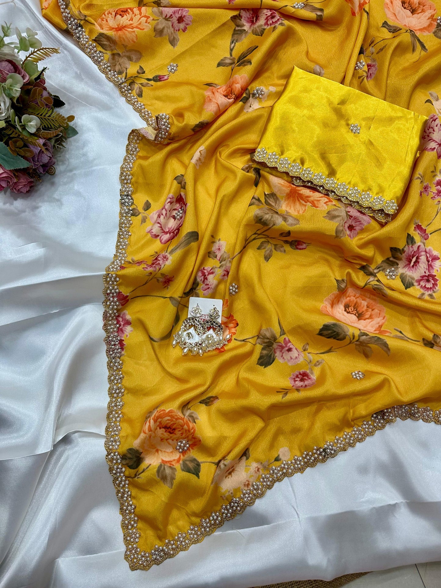 Floral chinon saree with beautiful pearl work border