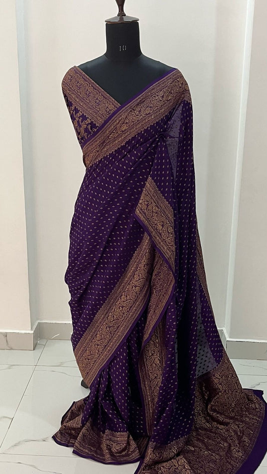 Pure handloom Banarasi khaddi crepe chiffon saree