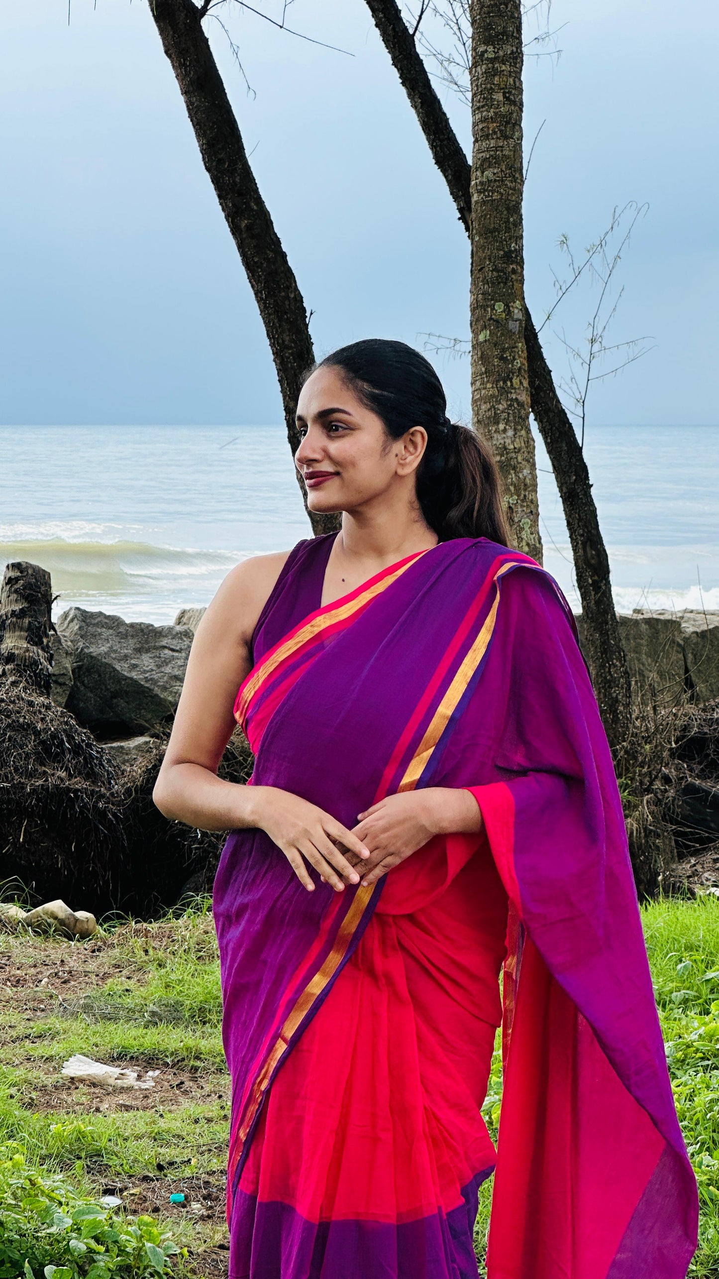 Pure mul cotton saree half pink purple