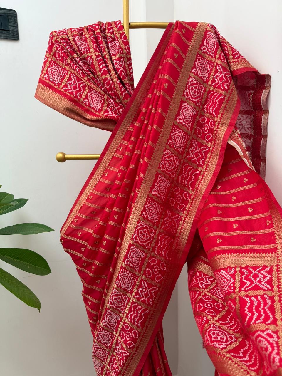 Banarasi semi Katan georgette saree with bandhini prints