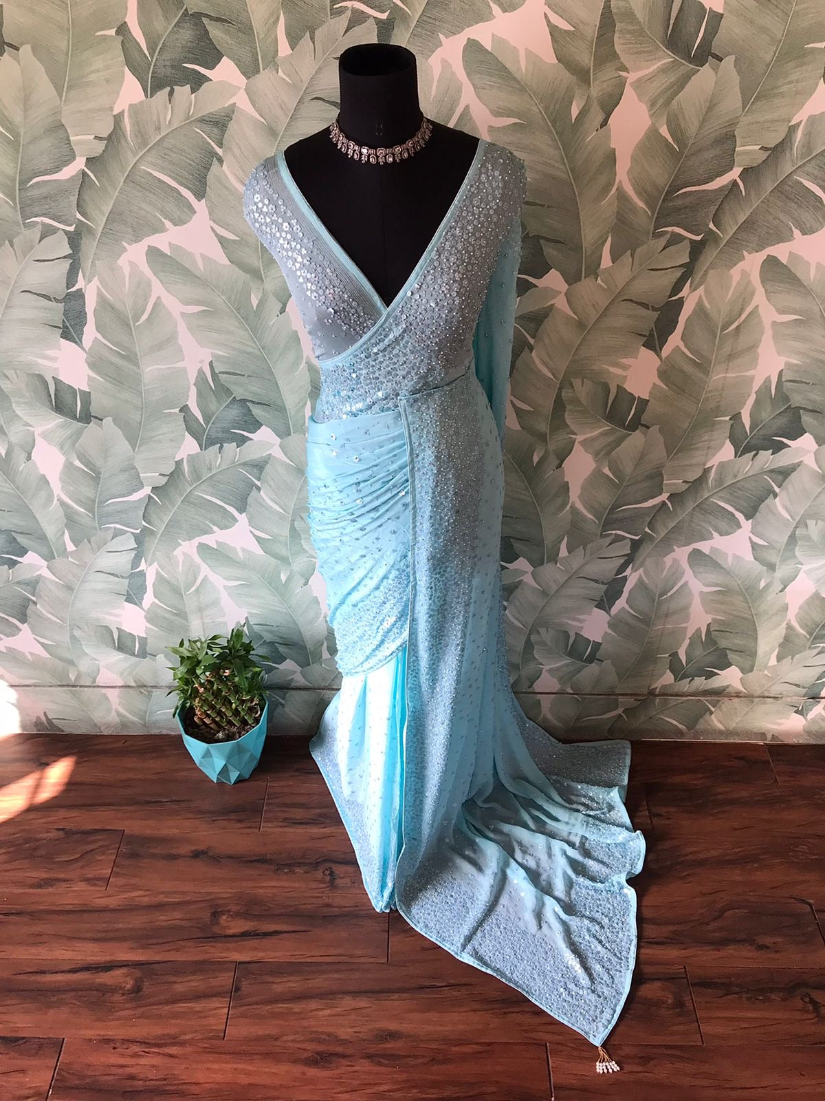 Pure Chinnon Silk saree with pearl sequins handwork
