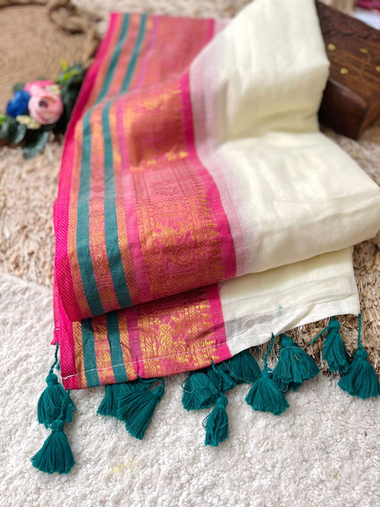 Premium pure mul cotton saree with pink and dark teal zari border