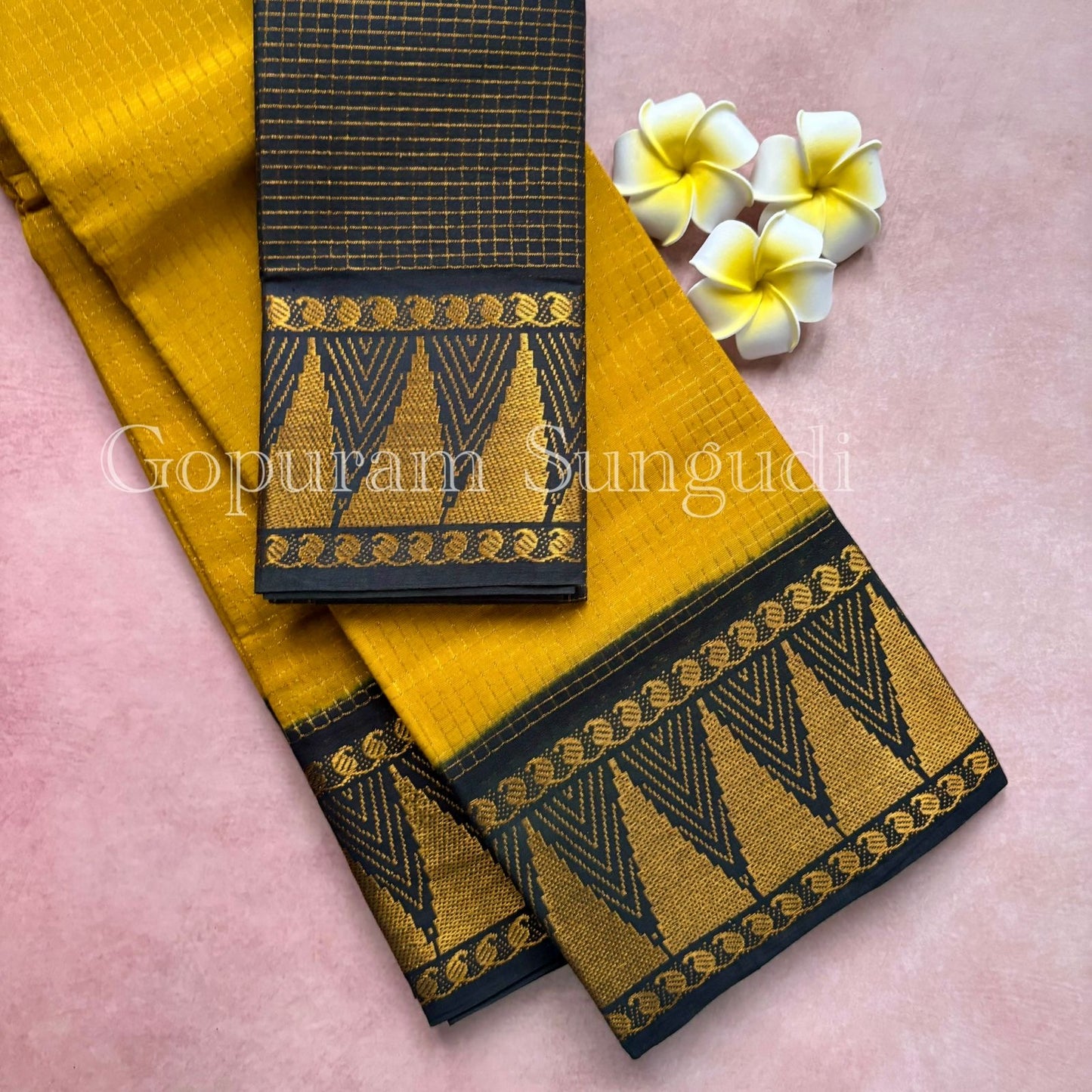 Pure sungudi cotton saree with mini checks and gopuram border