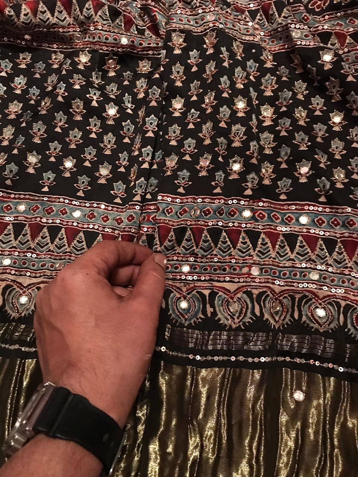 Pure Handblock ajrakh print mirror work modal silk saree (Prebooking 35 days)