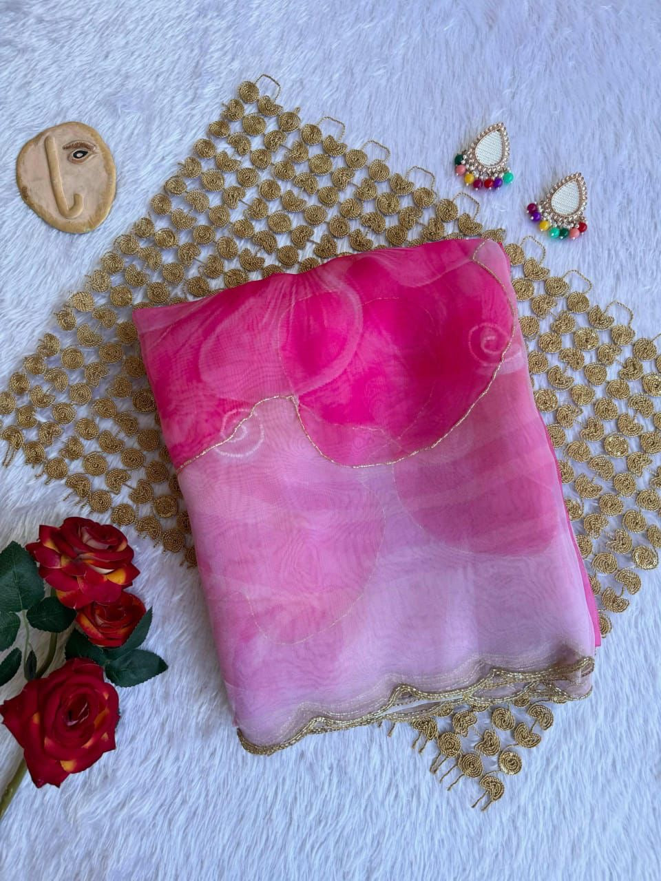Beautiful semi organza saree with floral digital prints with cutdana beads work