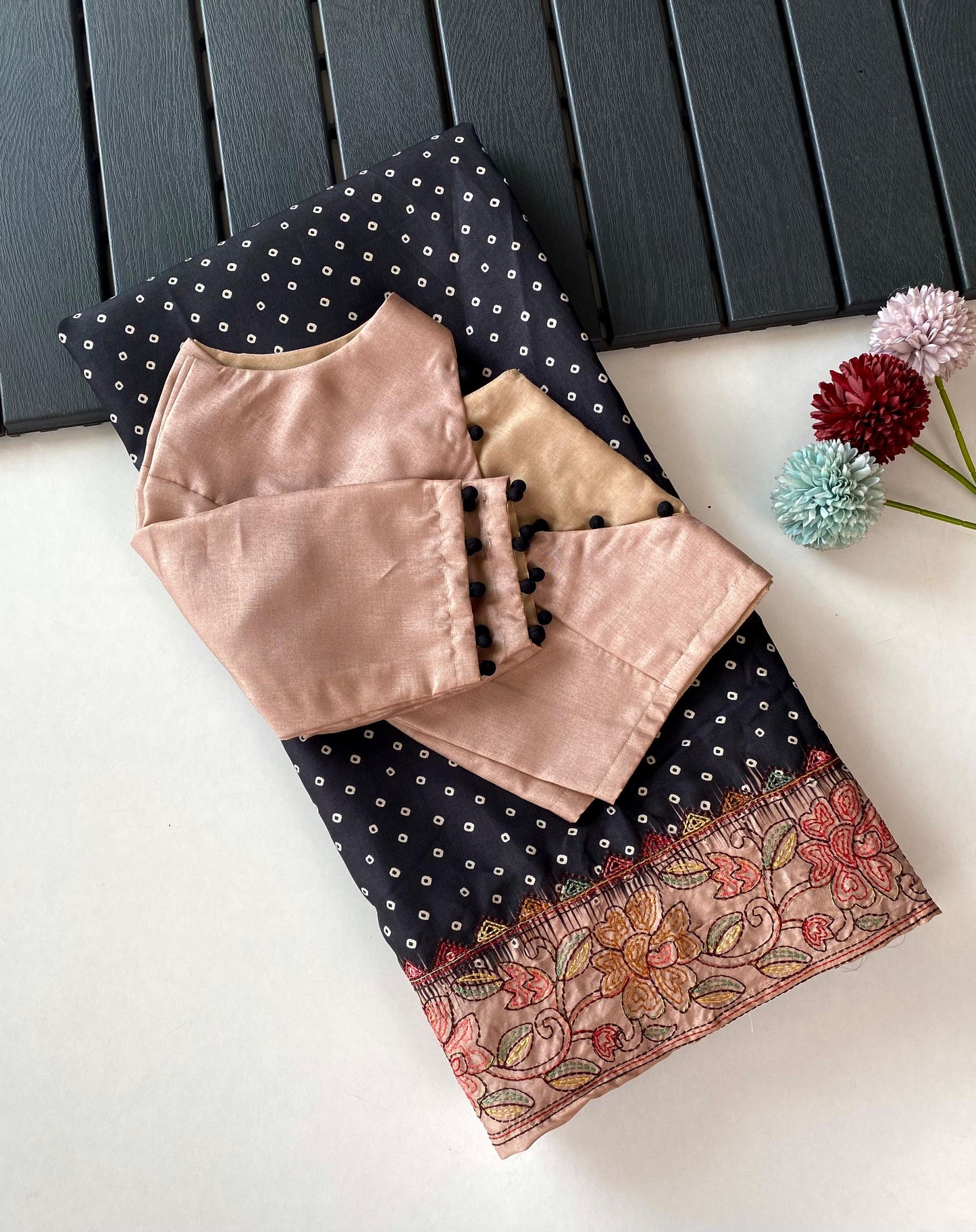 Soft semi Tussar silk saree with kantha work