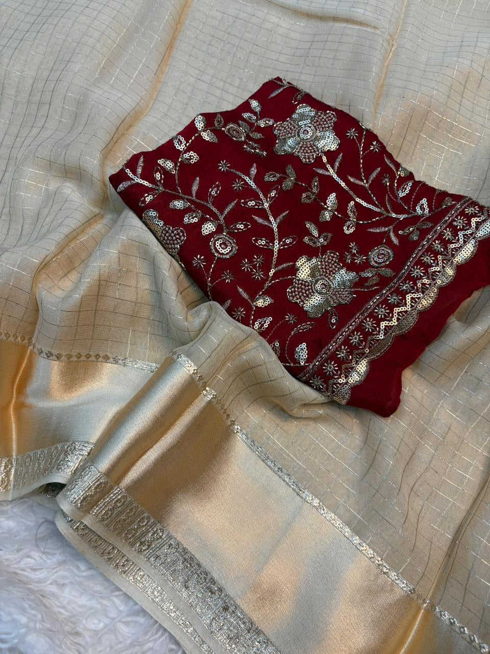 Budget friendly onam collections - beautiful viscous georgette checks saree with satin border and maroon designer blouse piece