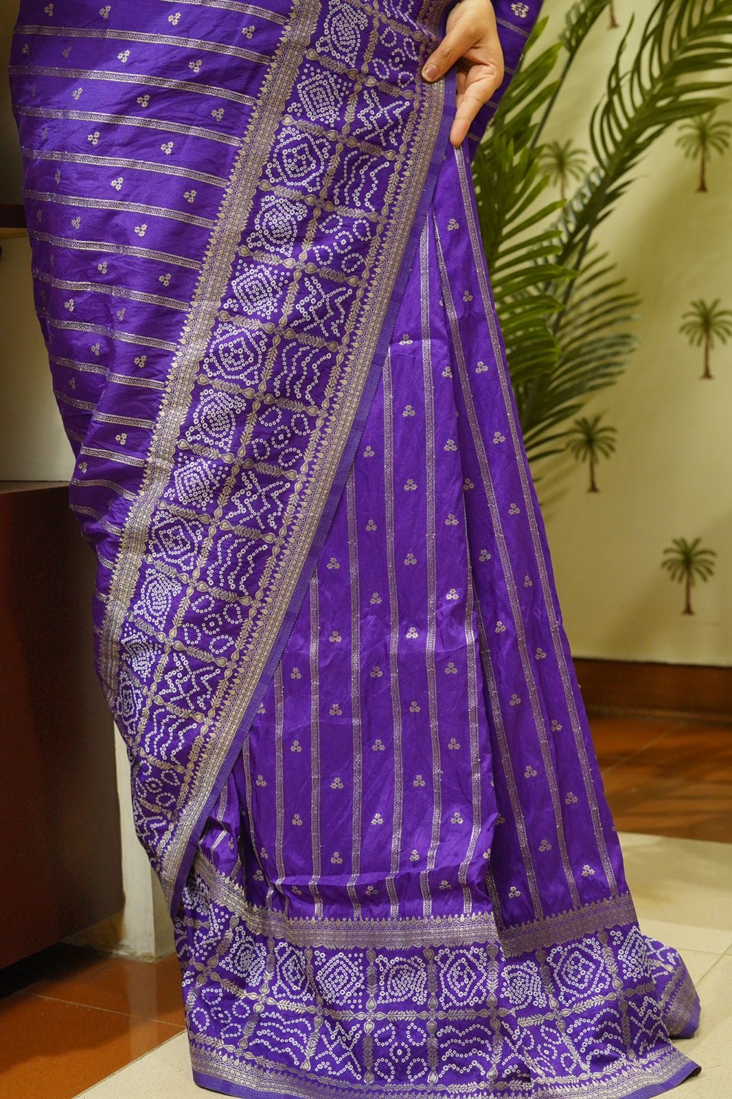 Banarasi semi Katan georgette saree with bandhini prints