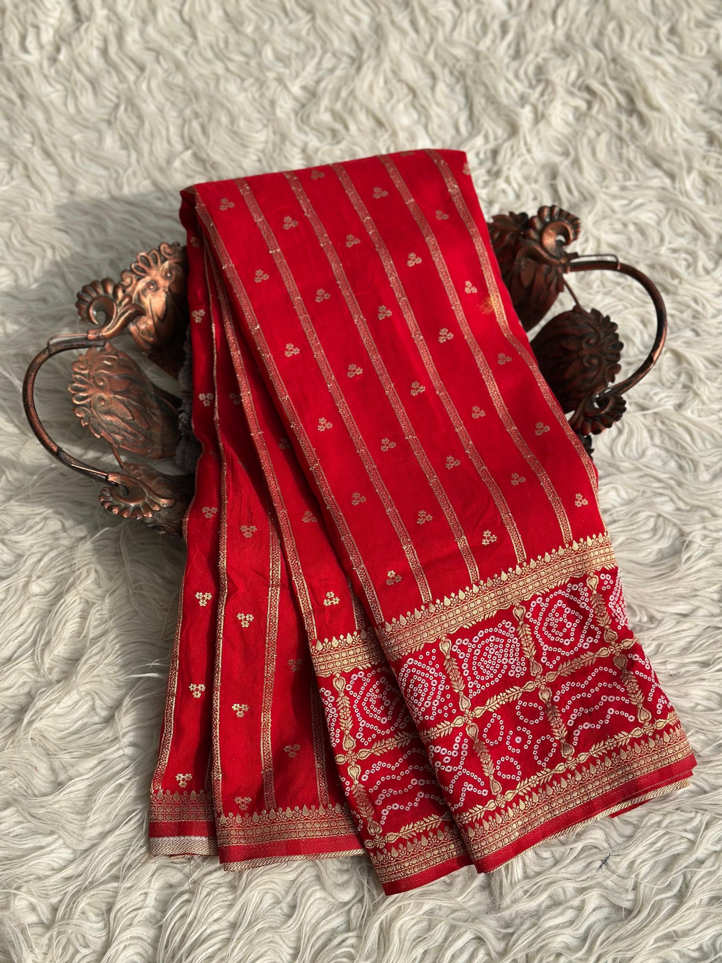 Banarasi semi Katan georgette saree with bandhini prints