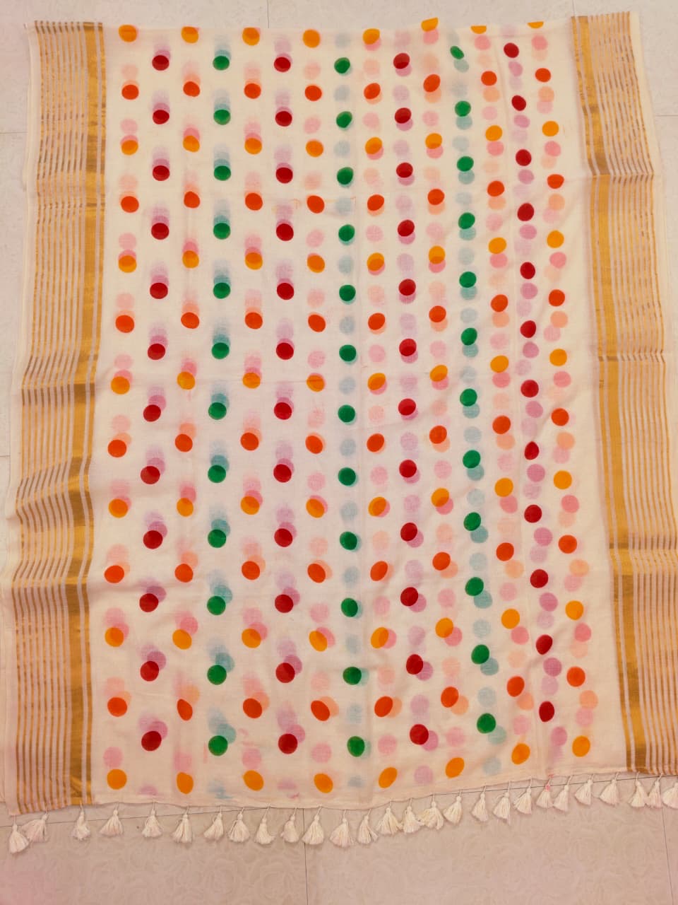 (Prebooking) Pure authentic mul cotton saree with zari stripes border and multi color polka body - without blouse
