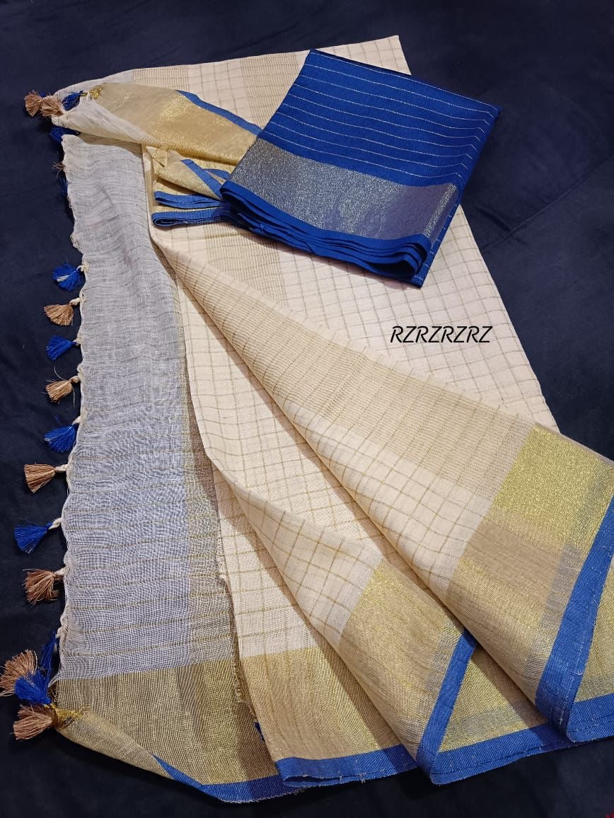 Pure linen checks saree with contrast blouse