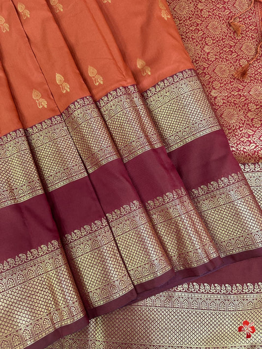 Gorgeous vintage semi kanchi silk saree in rust orange with maroon border