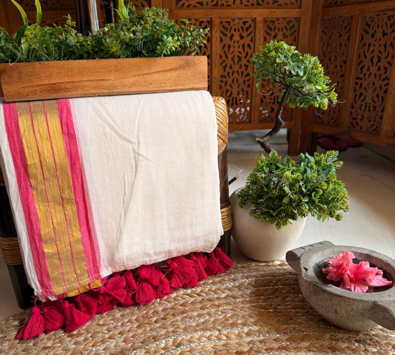 Soft Mul cotton saree - Dark pink
