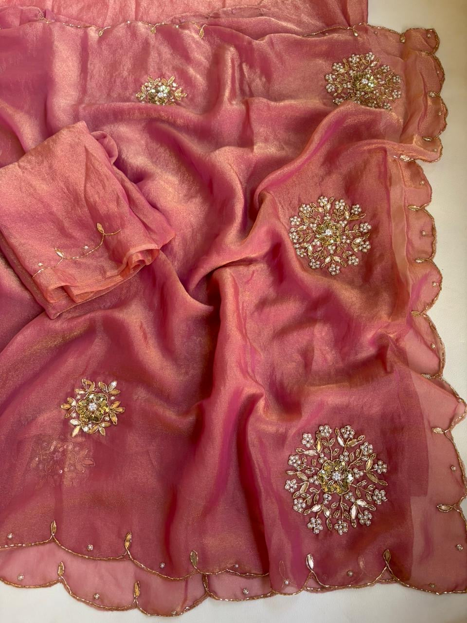 Beautiful soft two tone tissue silk saree with gotta, pearl and sequins work