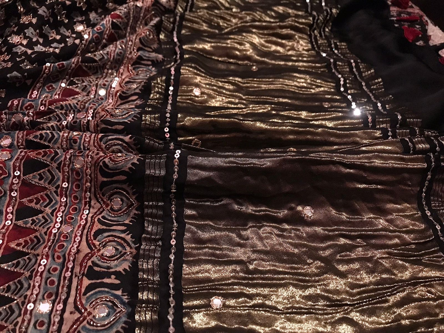 Pure Handblock ajrakh print mirror work modal silk saree (Prebooking 35 days)