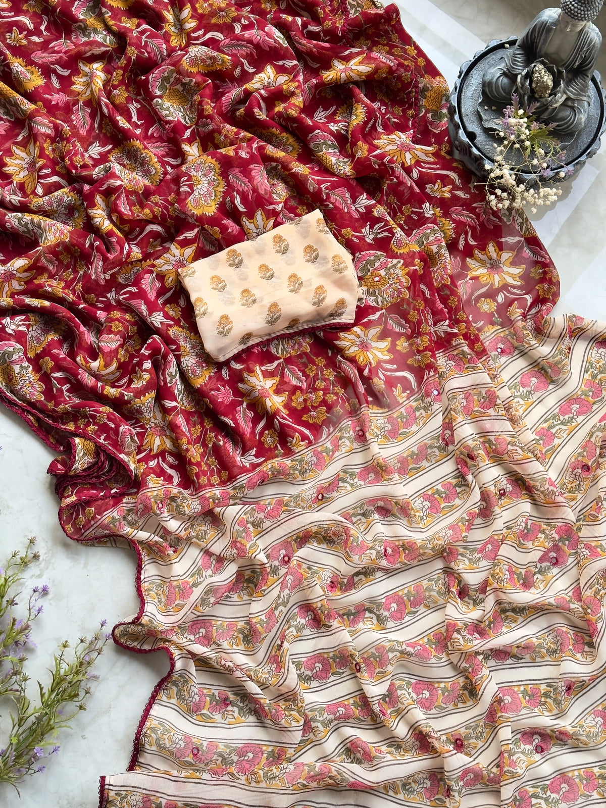 Beautiful georgette saree with kalamkari prints and lace detailing border