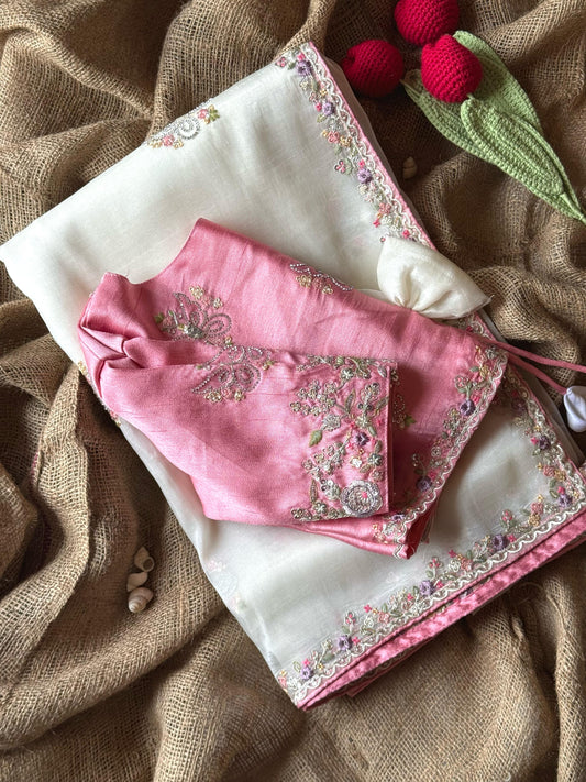 Premium organza with beautiful embroidery- White/Pink