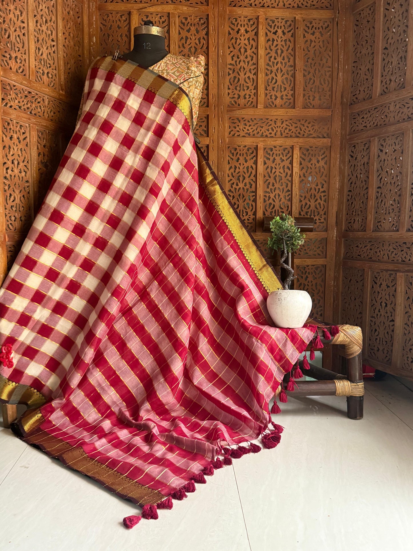 Beautiful pure authentic mul cotton saree with madras checks and woven border