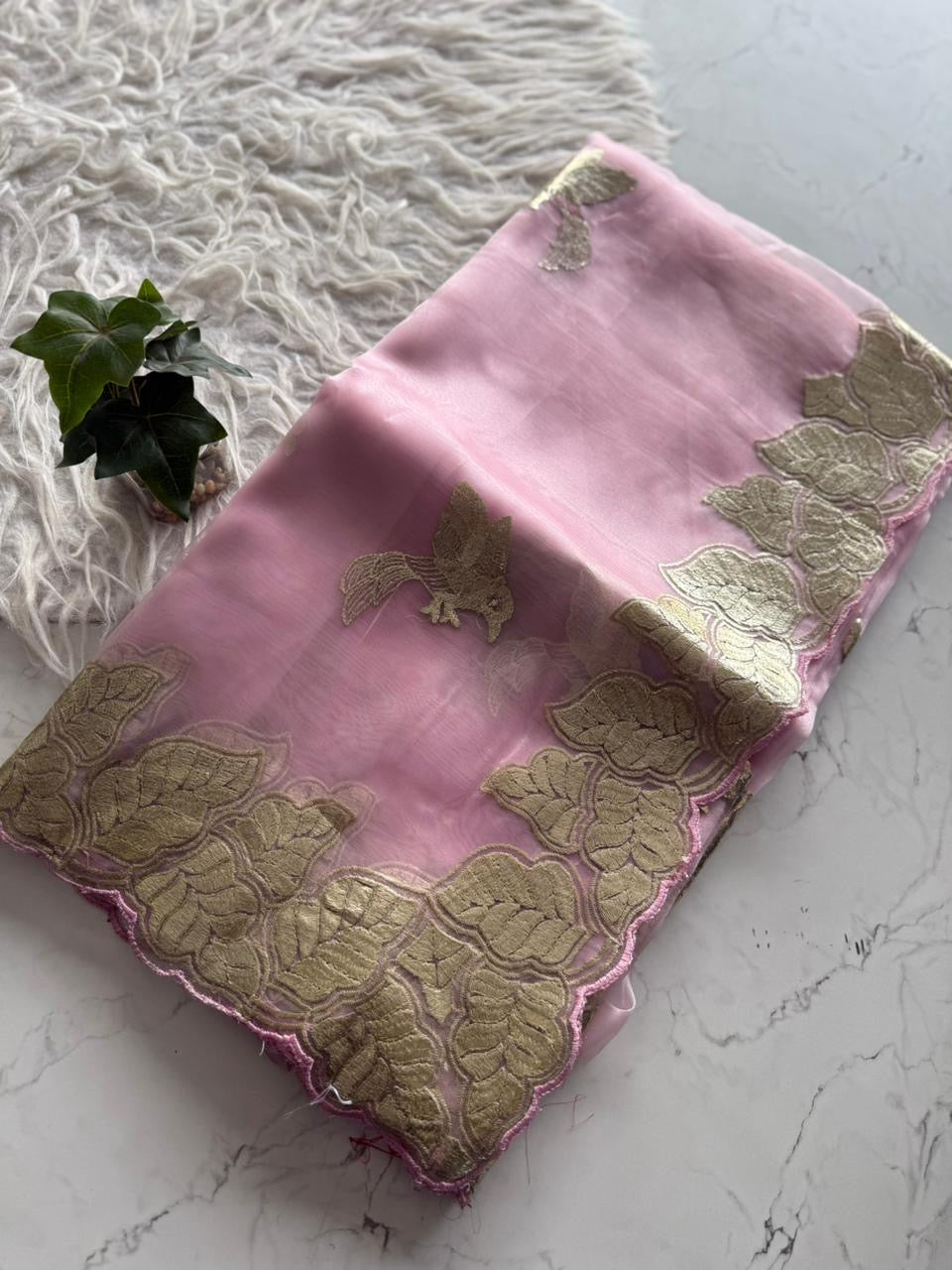 Beautiful semi organza saree with gold zari pitta work border and scalloped edges