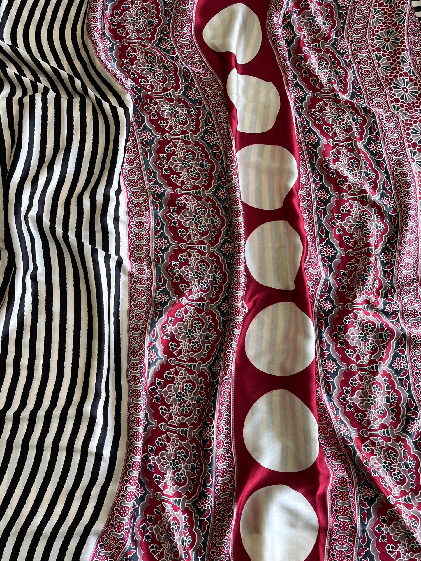 Soft and flowy crepe silk saree with stripes and ajrakh pallu