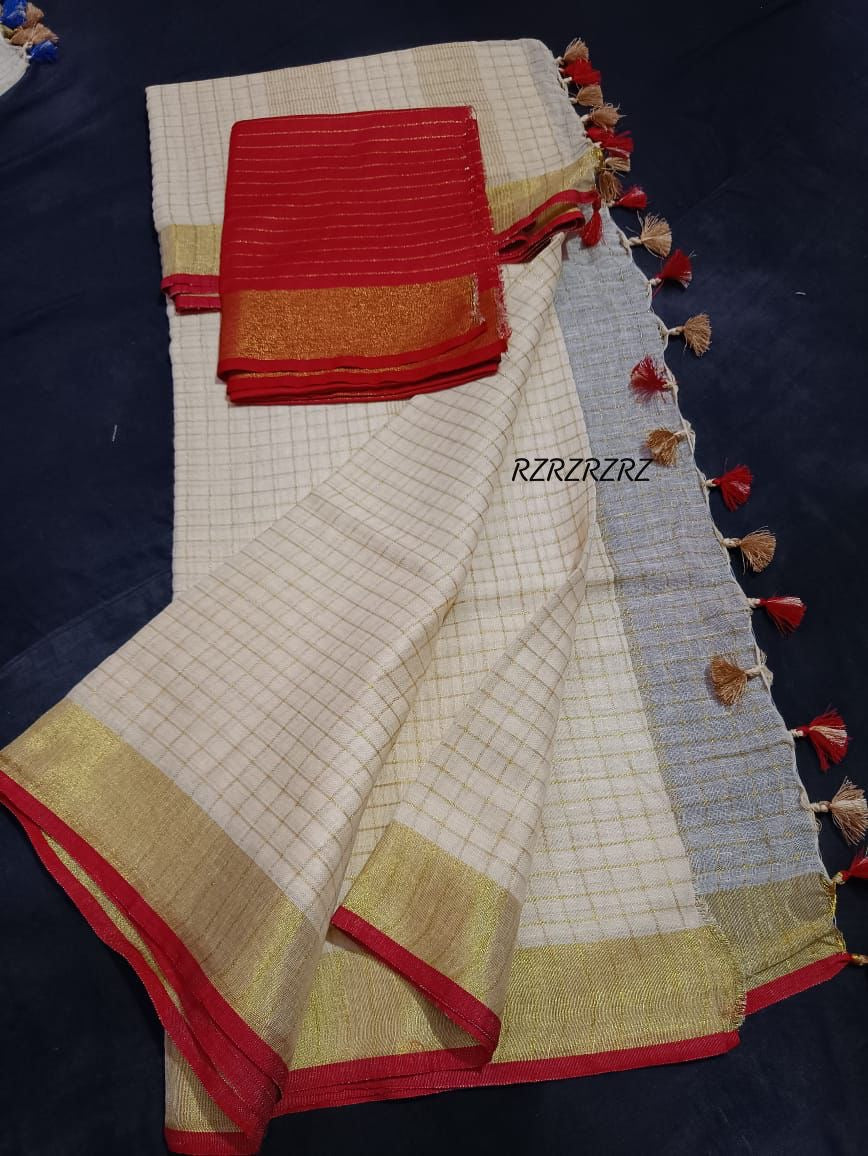 Pure linen checks saree with contrast blouse