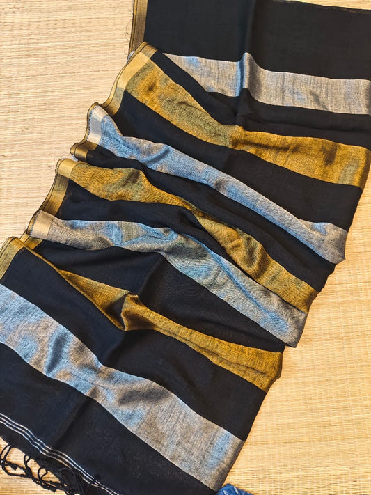 Linen sarees with gold silver zari stripes all over!