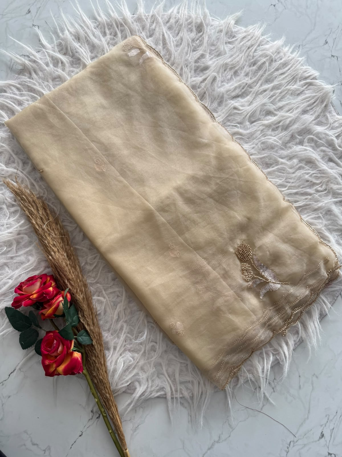 Premium semi tissue organza saree with beautiful cutdana work