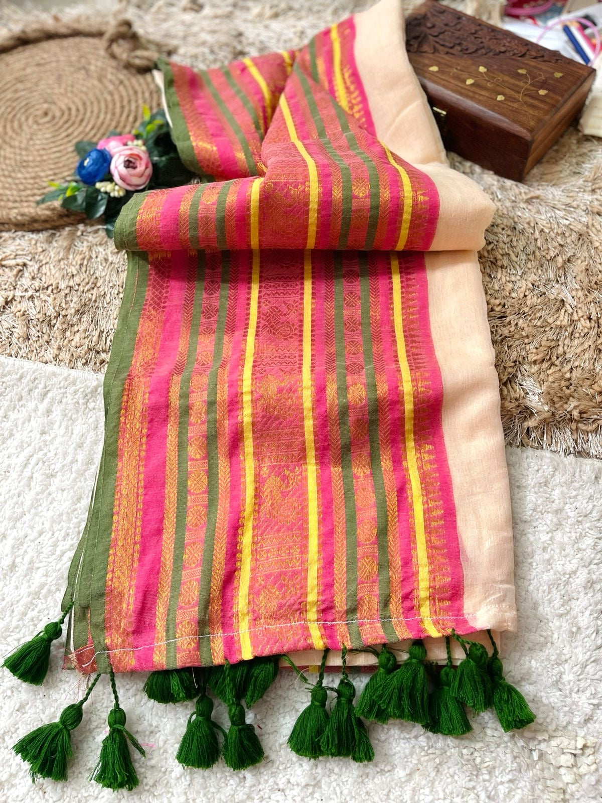 Premium pure mul cotton saree with green tassels and jacquard border