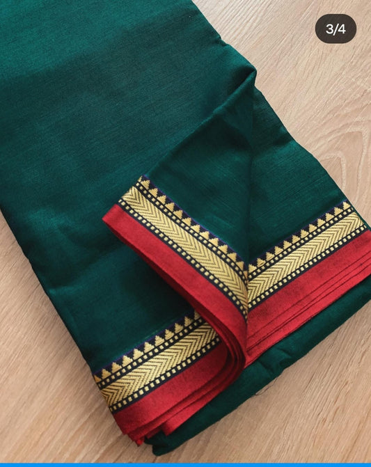 Beautiful soft Narayanpet saree- Bottle green