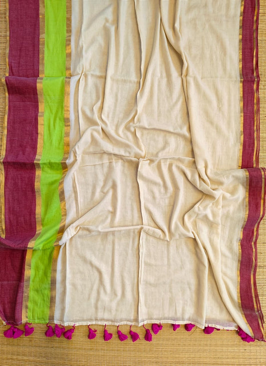 Pure mul cotton saree with dual shade border- wine & green