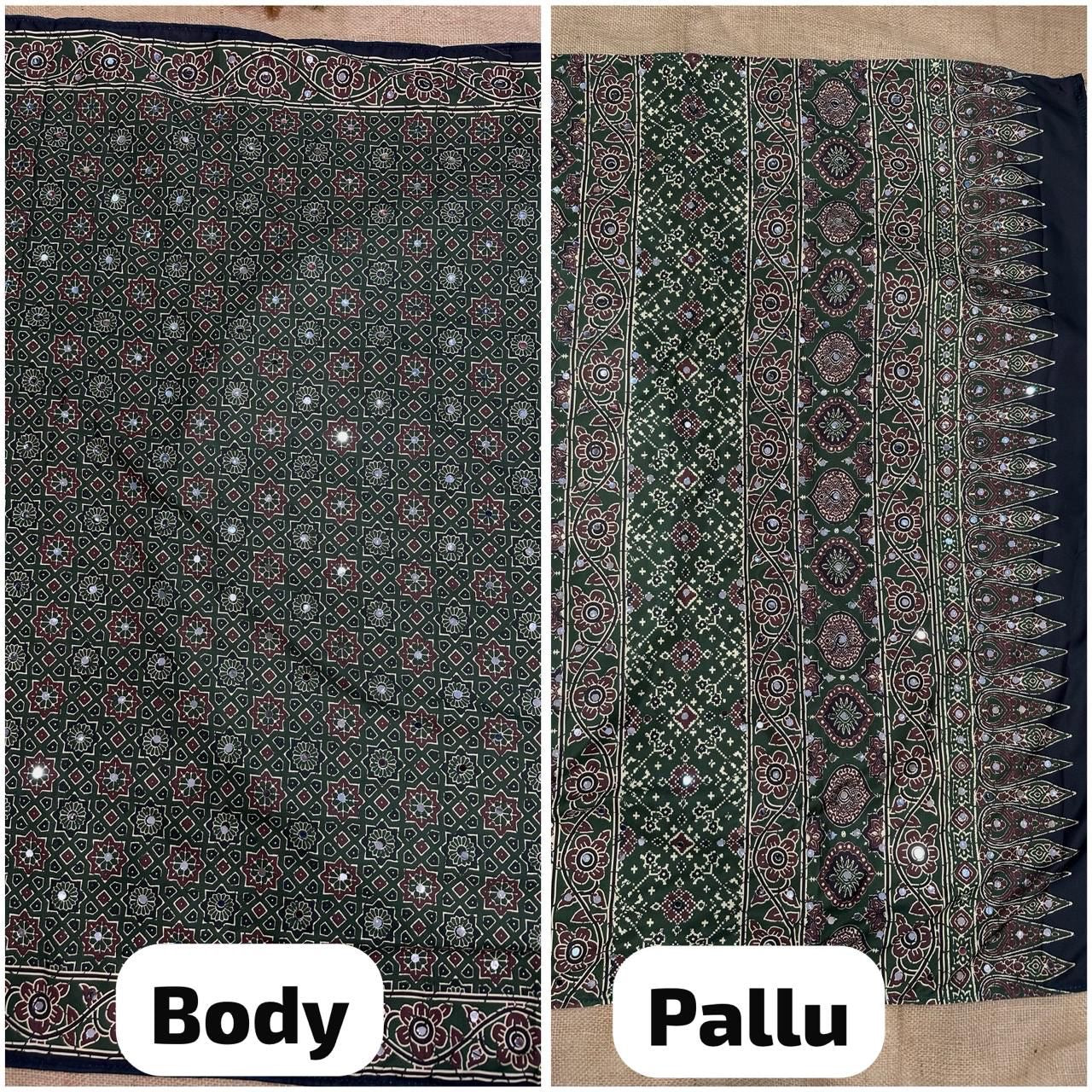 Beautiful semi crepe silk saree with ajrakh prints and mirror work