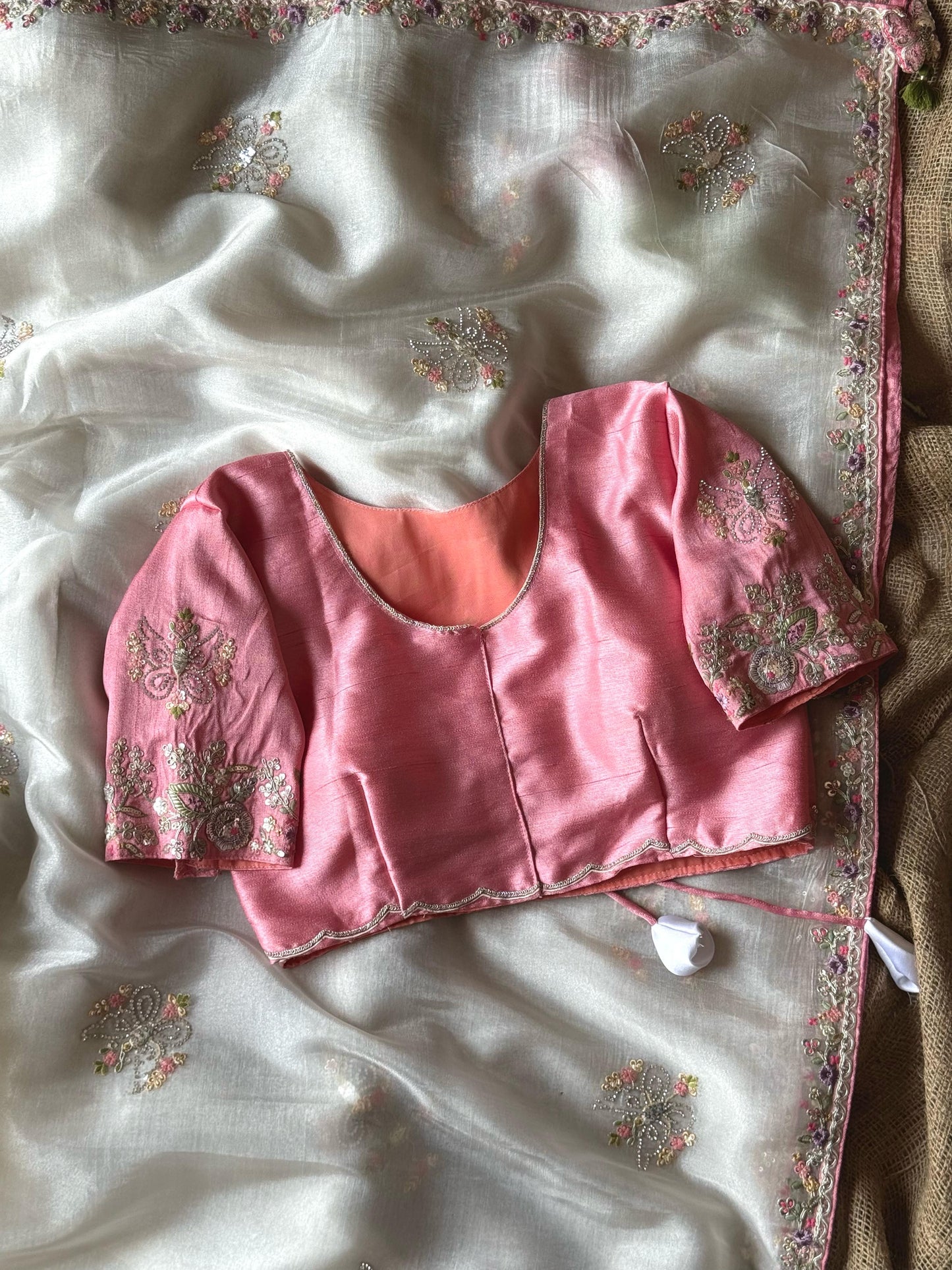 Premium organza with beautiful embroidery- White/Pink