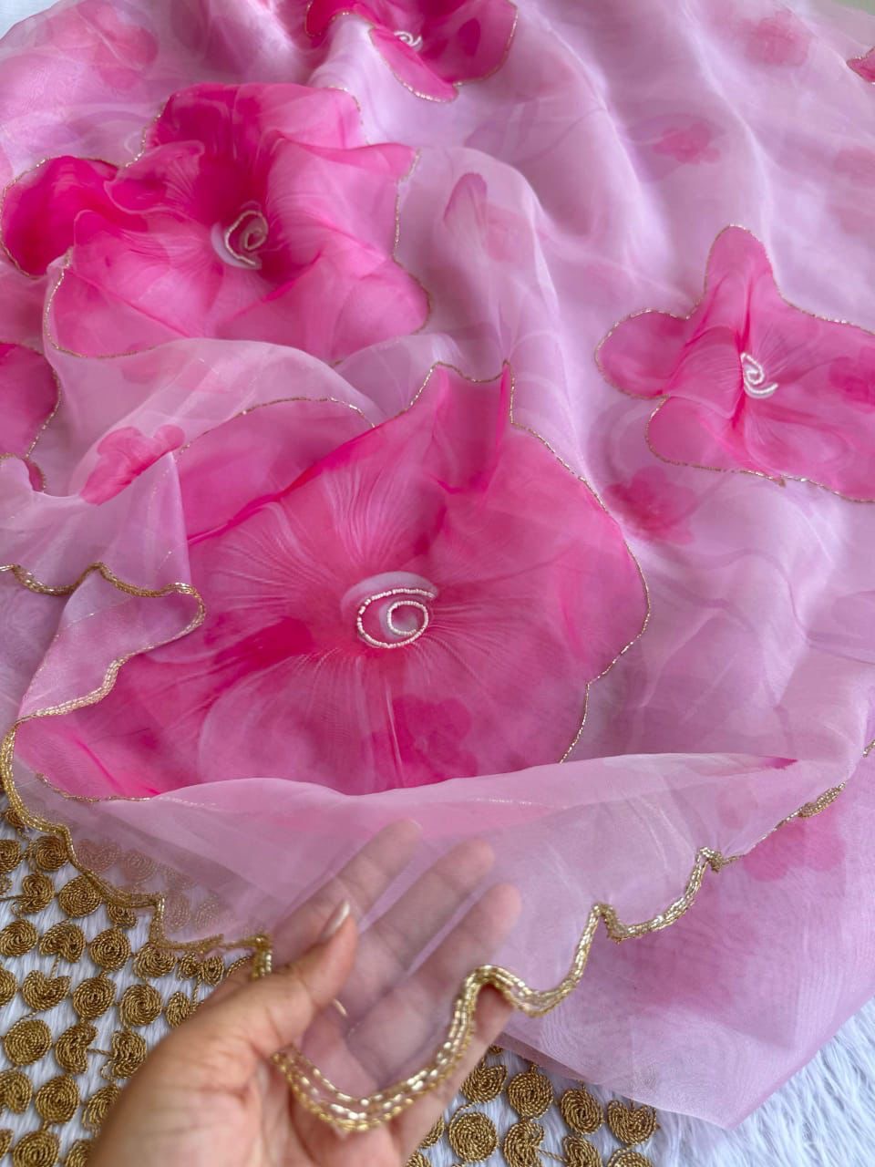Beautiful semi organza saree with floral digital prints with cutdana beads work