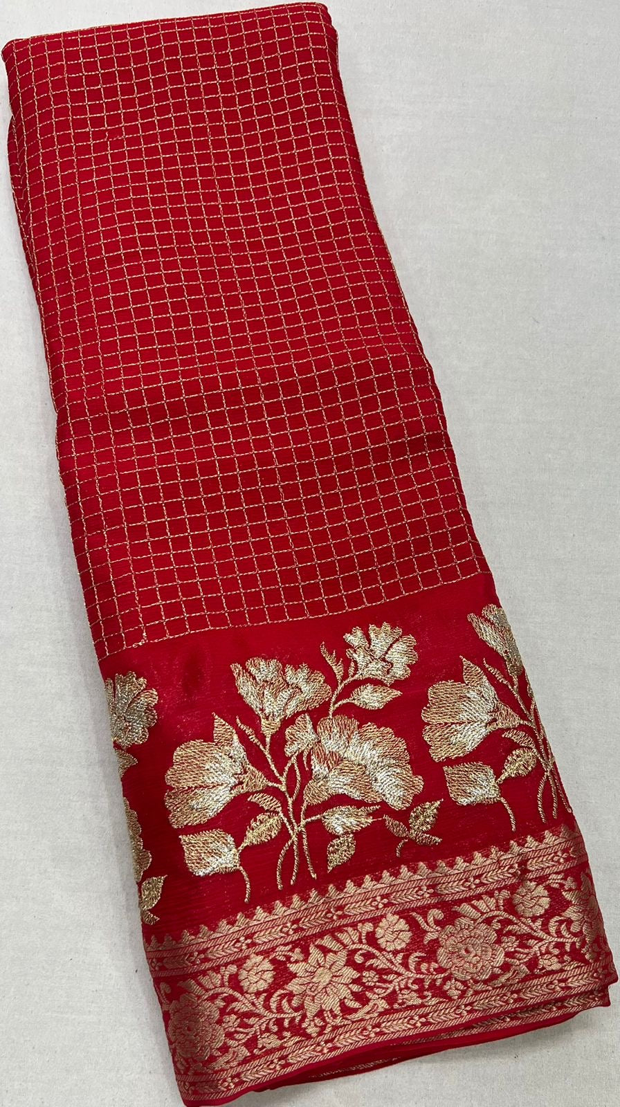 Gorgeous premium viscous chinon silk saree with zari checks and embroidered border