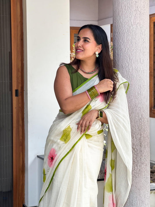 Pure mul cotton handpainted saree - Morning Glory