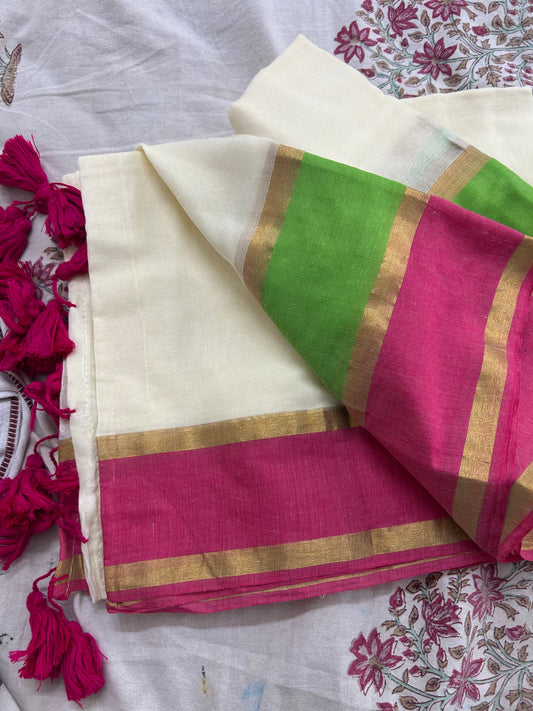 Pure mul cotton saree with dual shade border- pink & green