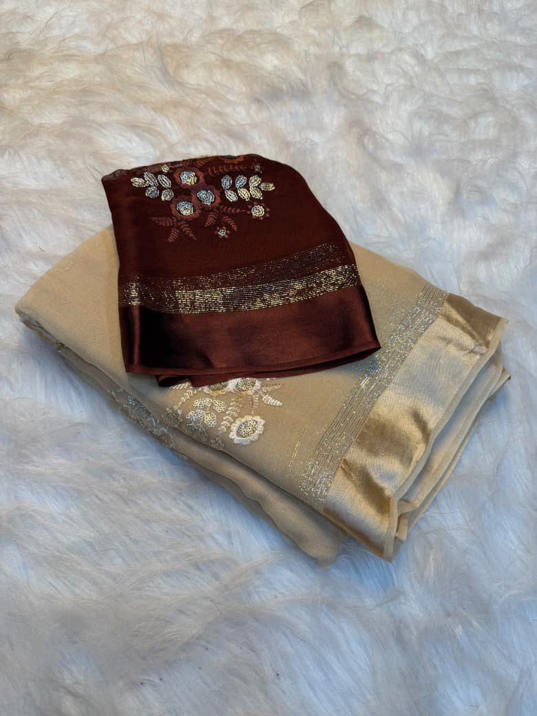 Viscous georgette saree with floral embroidery and satin border