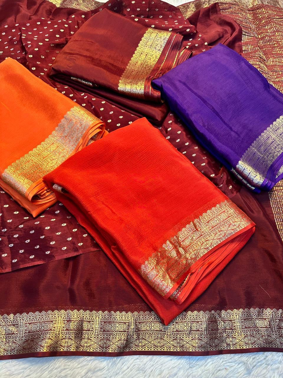 Premium viscous chinon blend saree with zari weaved border